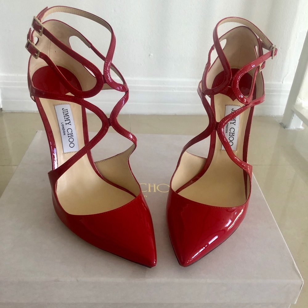 Jimmy Choo Red Patent Leather Strappy Pointed-Toe Heels